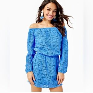 Lilly Pulitzer Lana off-the-shoulder skort romper in Blue Thistle Trellis Size L